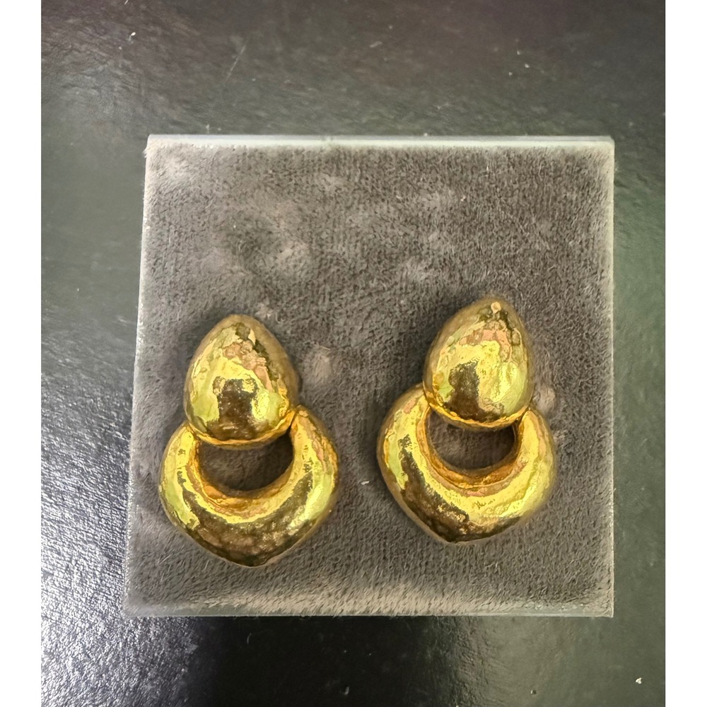 Talbots Vintage Hammered Gold Tone Door Knocker Clip On Earrings Chunky Retro